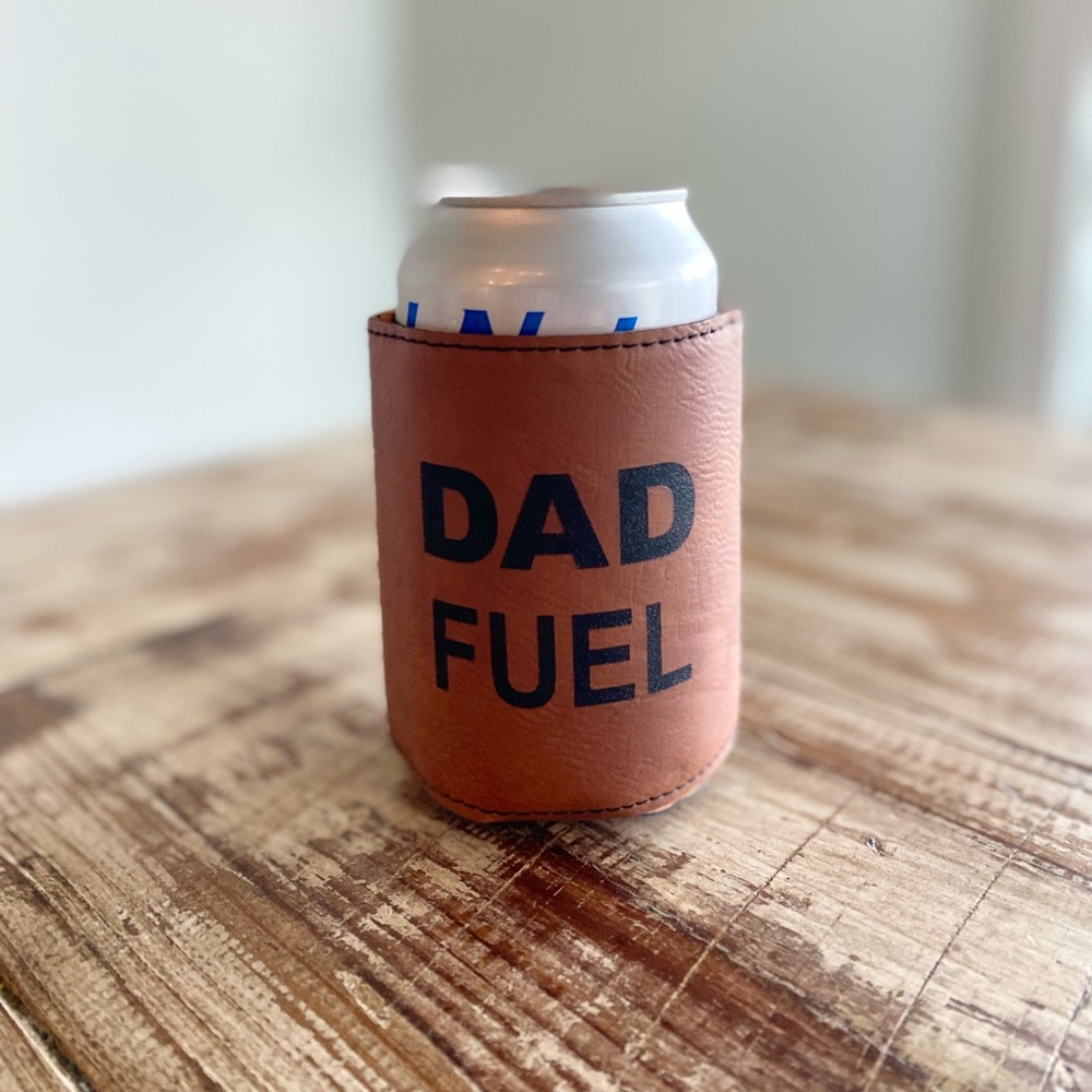 NWOT.  New Engraved Leather Koozie “Dad Fuel”